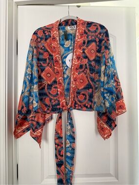 Blue & Coral Paisley Tie-Front Blouse